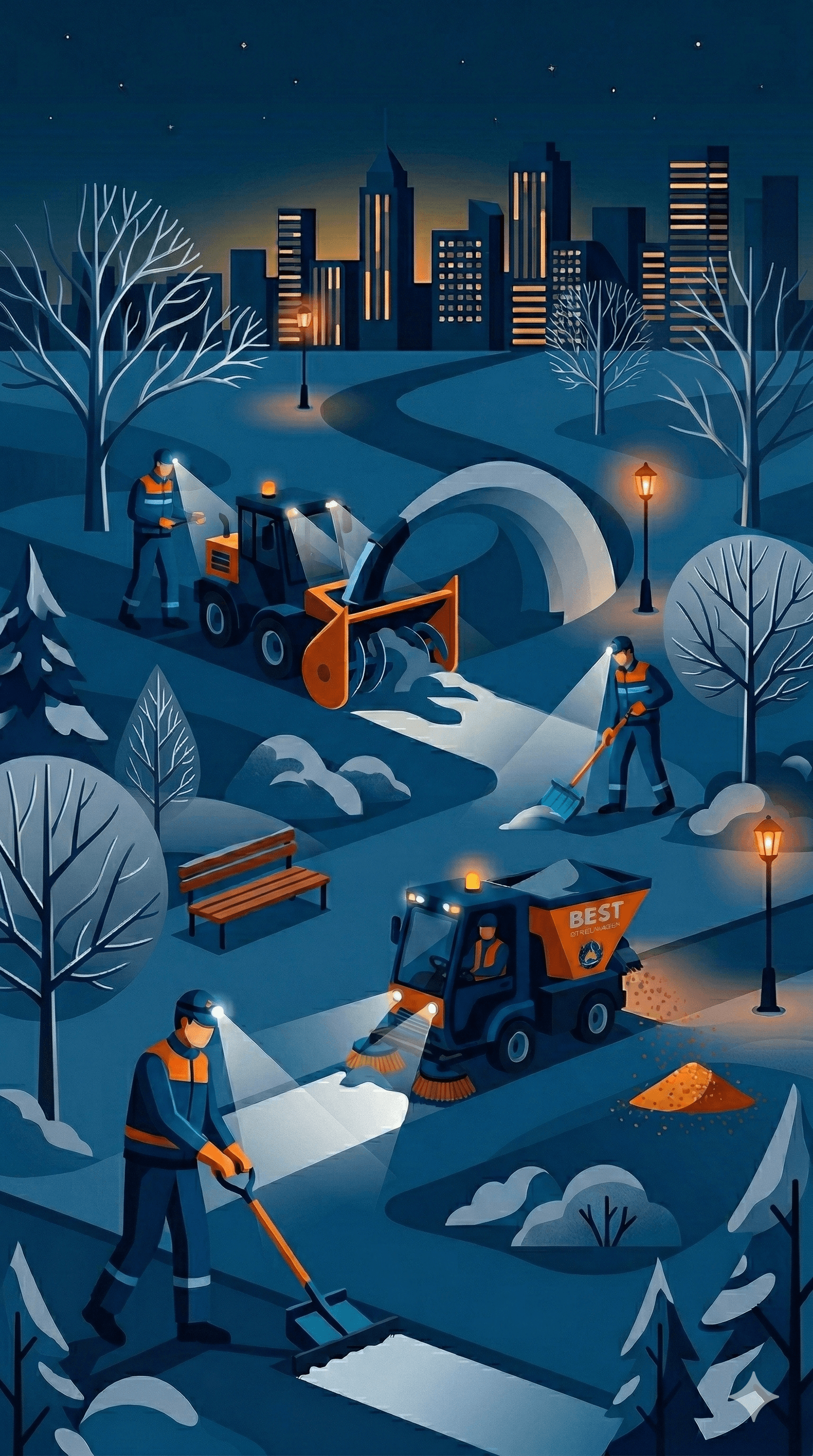 Winterdienst BEST Team bei der Schneeräumung in Berlin bei Nacht